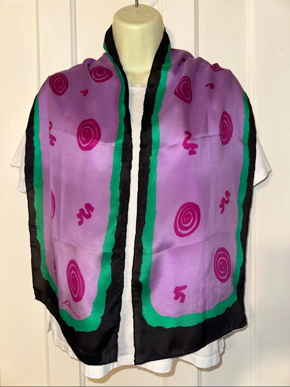 Vintage 80s Anne Klein Purple, Pink, Green & Black Swirl Pattern‎ Silk Scarf